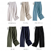 日本樂天熱賣 純色100%亞麻綿涼爽休閑長褲  多色可選：A米白色，B卡其色，C淺藍色，D軍綠色，E藏青色，F黑色