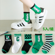 韓國人氣熱賣 綠色格仔卡通中筒襪5款入/組