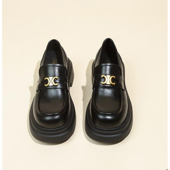 韓國人氣 經典復古小牛皮凱旋門配飾厚底Loafer鞋休閒鞋皮鞋
