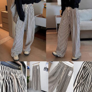 韓國熱賣 復古鬆緊抽繩黑白間條紋闊腿褲