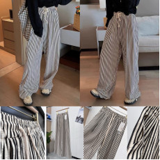 韓國熱賣 復古鬆緊抽繩黑白間條紋闊腿褲