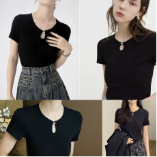 韓國東大門人氣 珍珠釦黑色短袖Tee