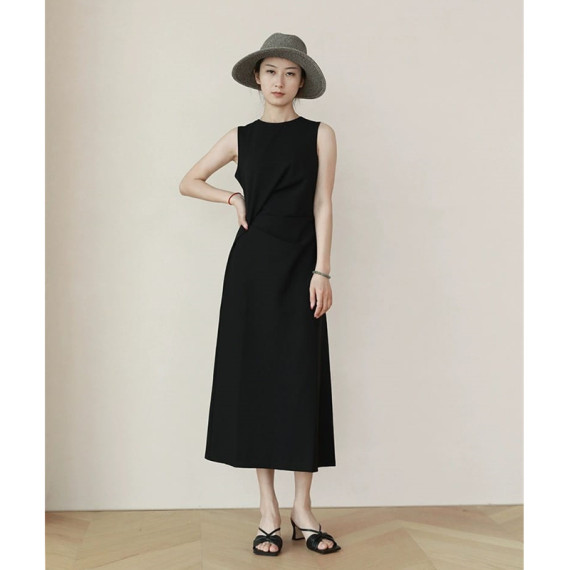 韓國熱賣 皺褶收腰無袖黑色連身裙